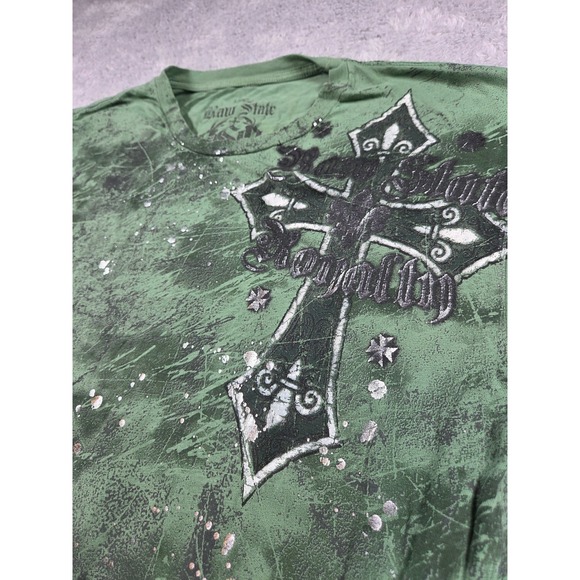 Raw State Other - Raw State Mens Large Green Graphic Cross Loyalty Distressed T-Shirt Streetwear